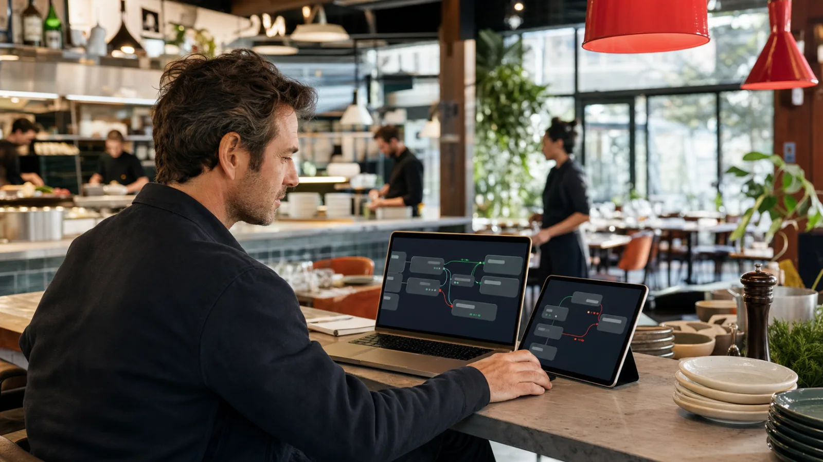 Responsable de restaurant consultant un schéma de connexion entre applications sur un ordinateur et une tablette