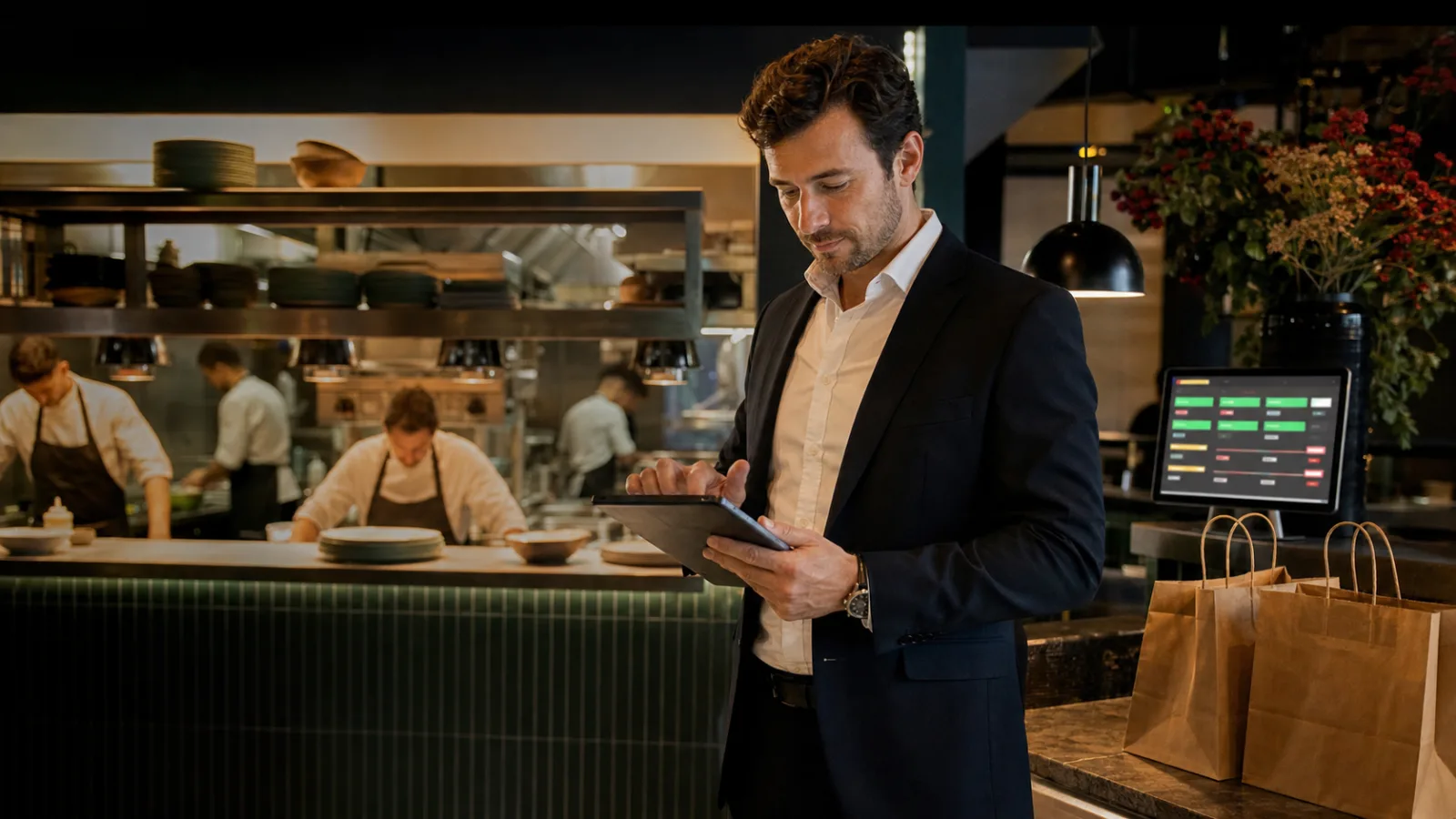 Responsable de restaurant consultant les commandes de livraison sur une tablette devant une cuisine en activité