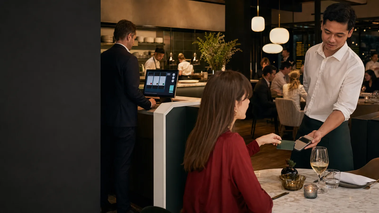Serveur présentant un terminal de paiement à une cliente pendant que la caisse suit le service du restaurant