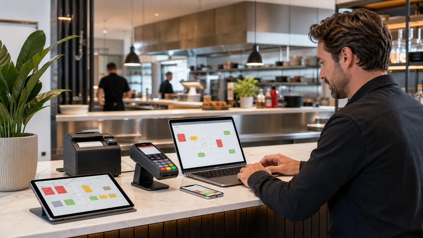 Responsable de restaurant pilotant un ordinateur, une tablette, un terminal de paiement et une imprimante reliés