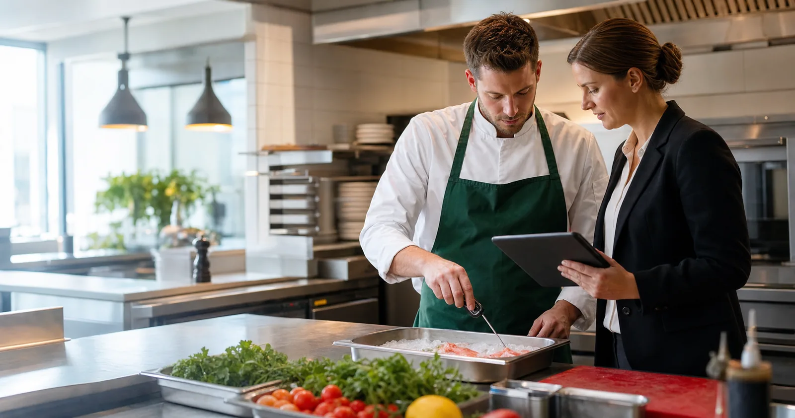 Chef mesurant la température d’un aliment pendant qu’une responsable suit le contrôle sur tablette