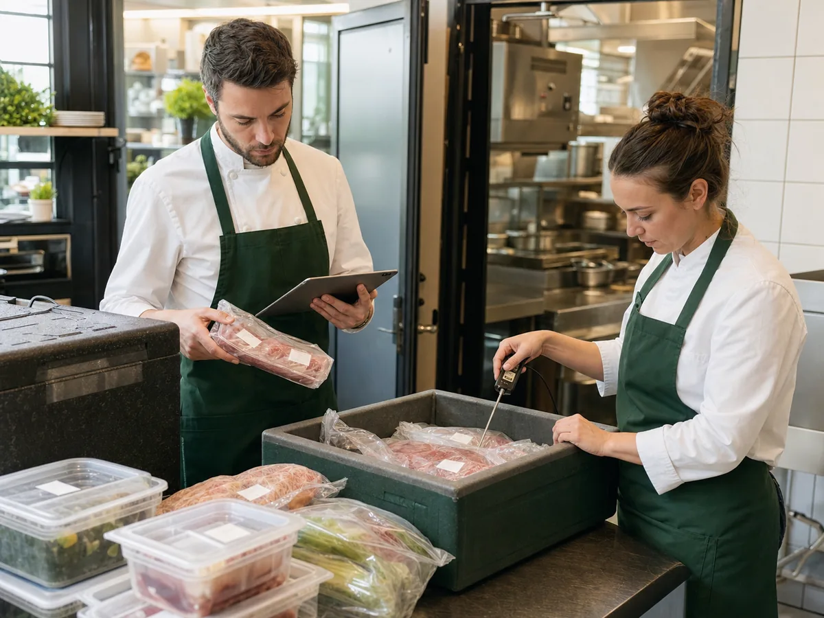 Équipe de restaurant contrôlant la température et la traçabilité d’une livraison