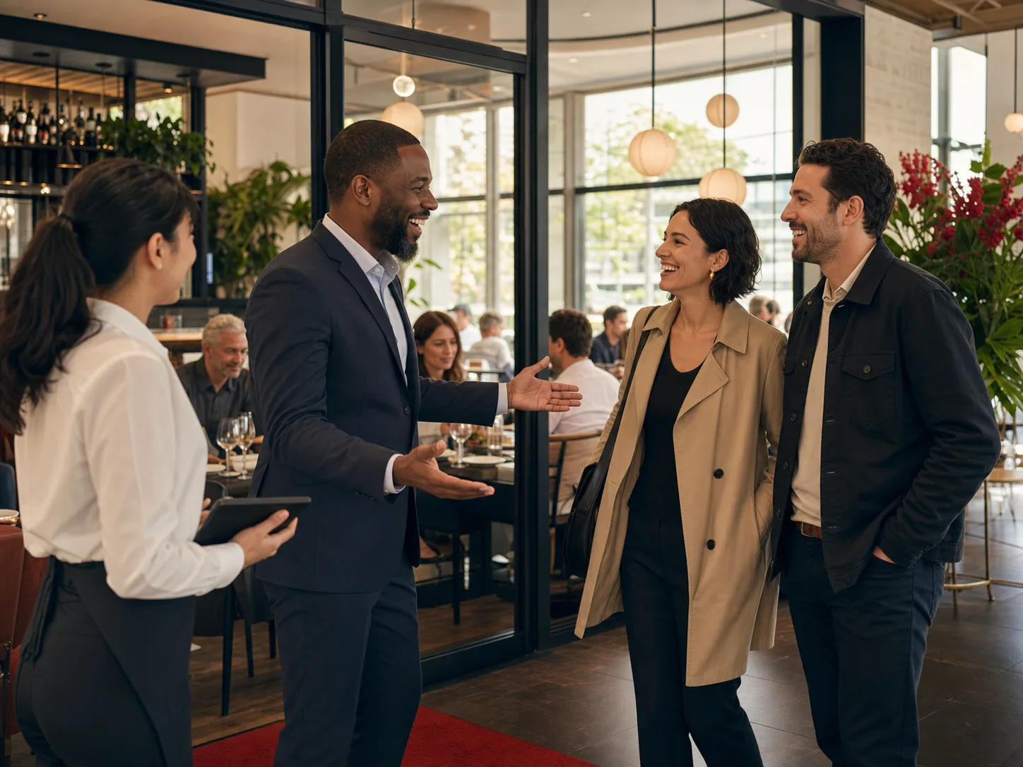 Restaurateur accueillant chaleureusement des clients qui reviennent