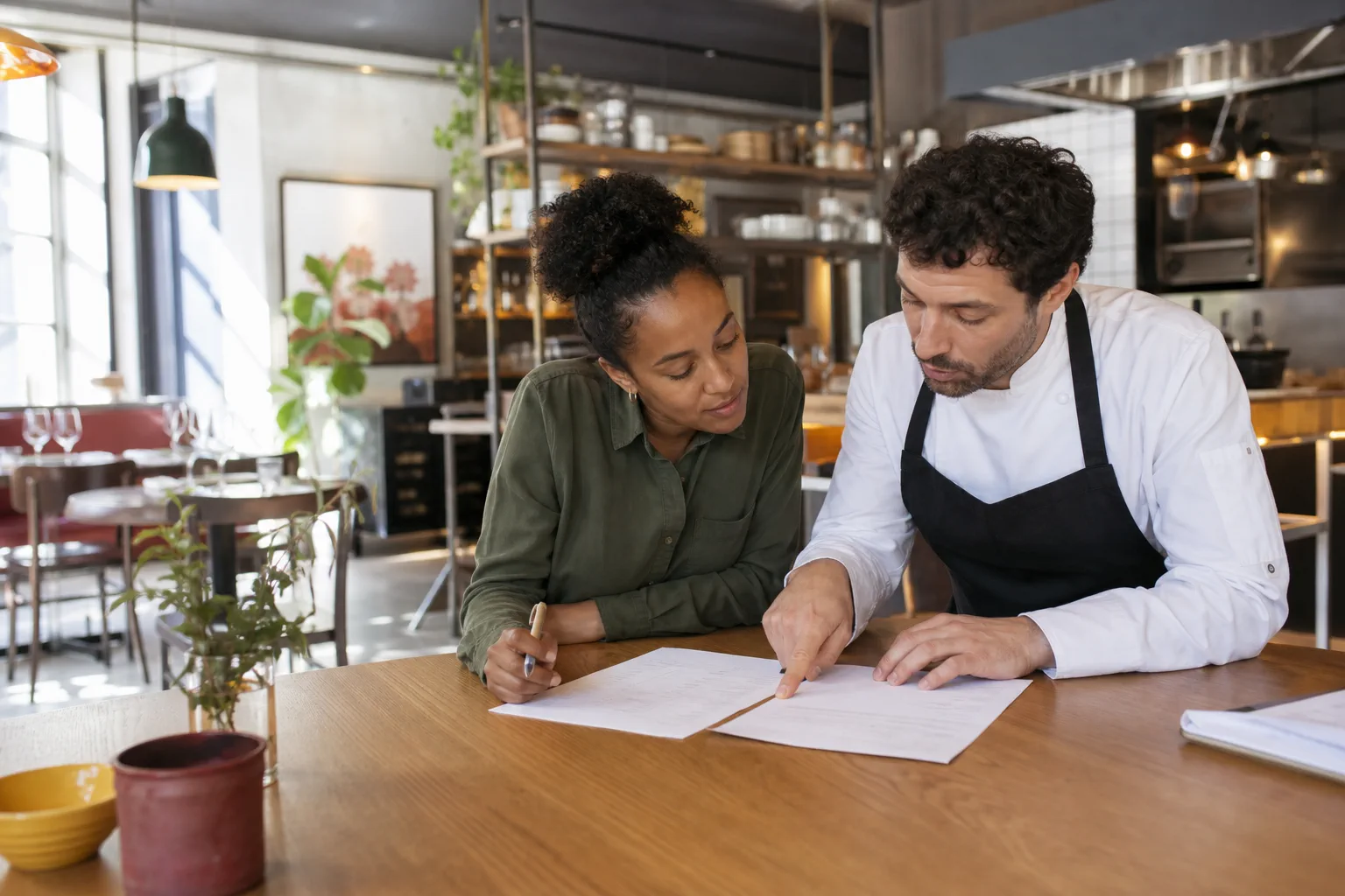 Responsable de restaurant et chef examinant des fiches pratiques
