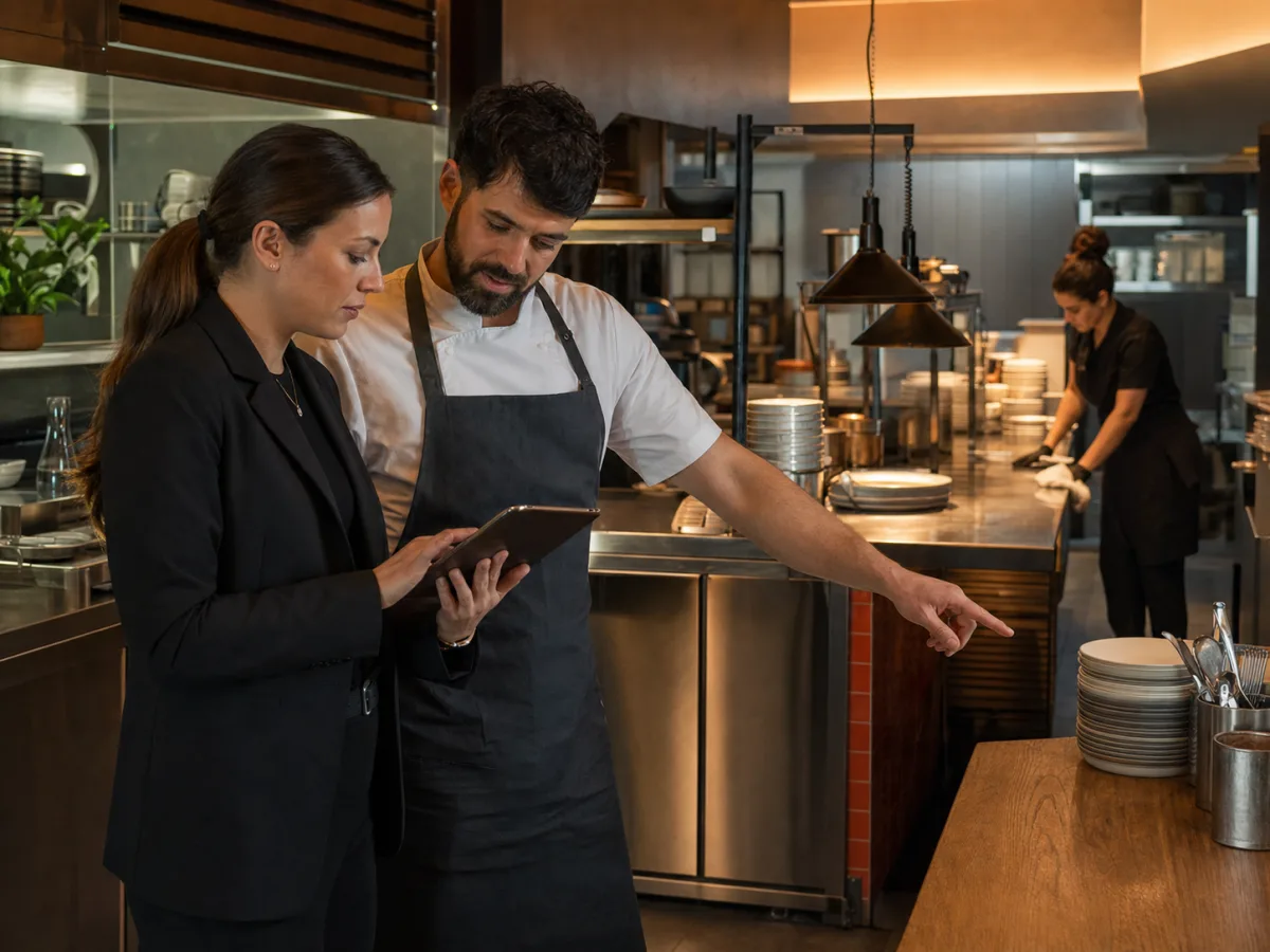 Responsable de salle et chef vérifiant une checklist de fin de service sur tablette pendant la remise en ordre du restaurant