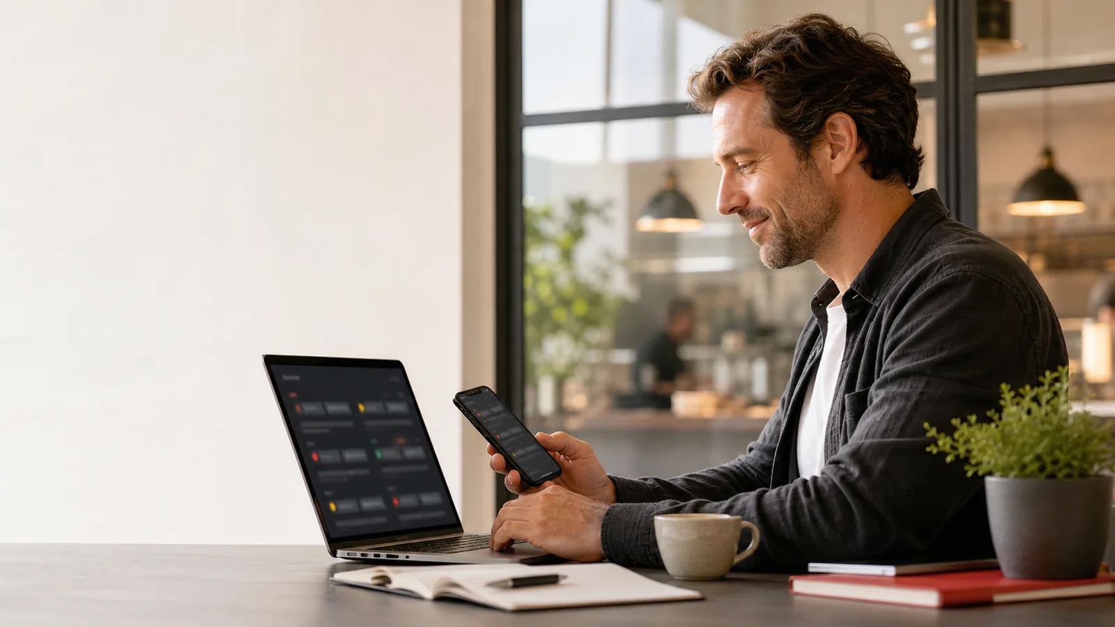 Responsable consultant à distance l’activité de son restaurant sur ordinateur et téléphone