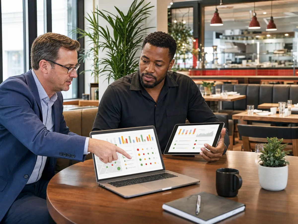 Deux responsables comparant des indicateurs multi-site sur un ordinateur et une tablette dans un restaurant