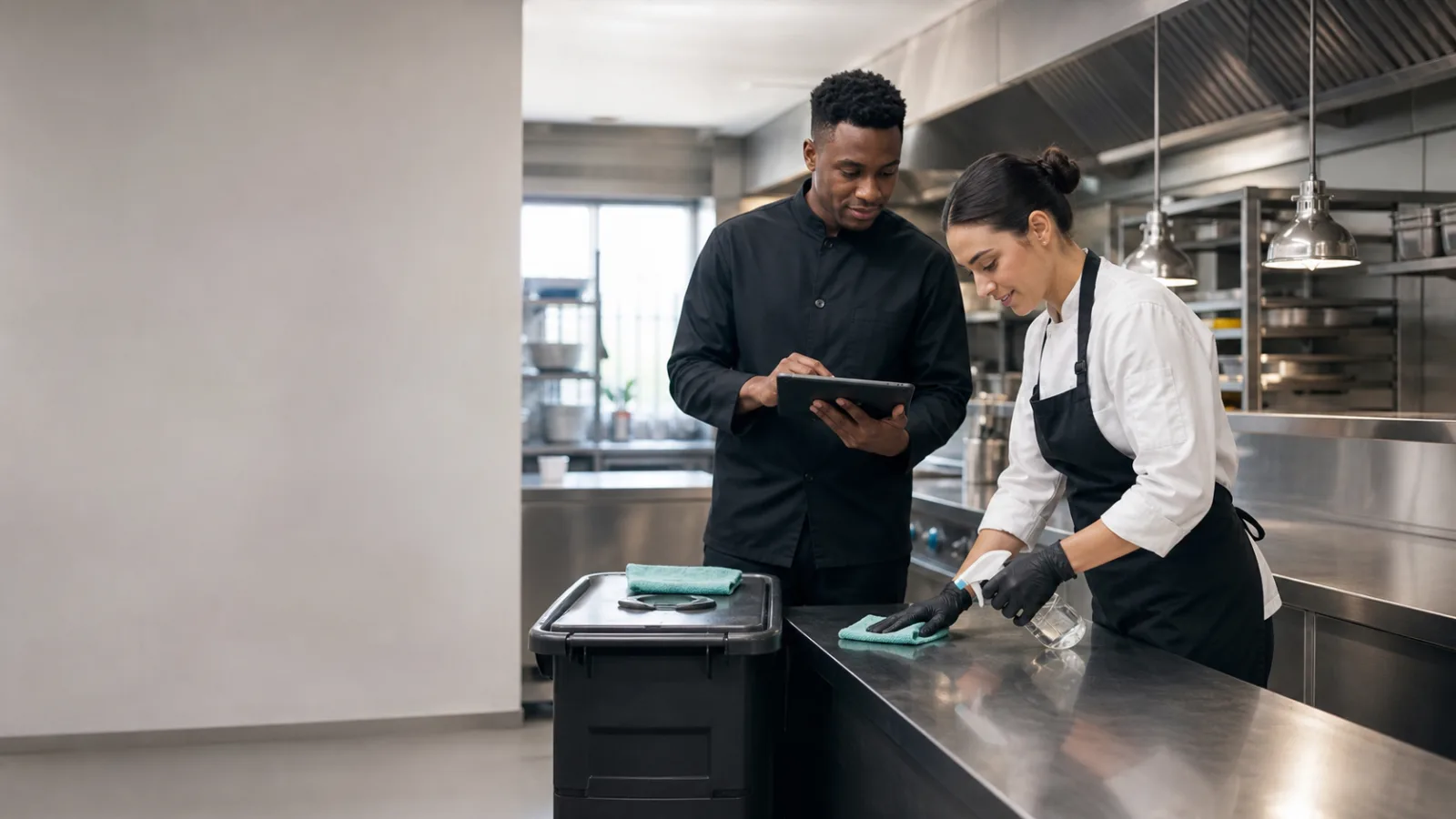 Responsable suivant sur tablette le nettoyage d’un plan de travail par une équipière en cuisine professionnelle