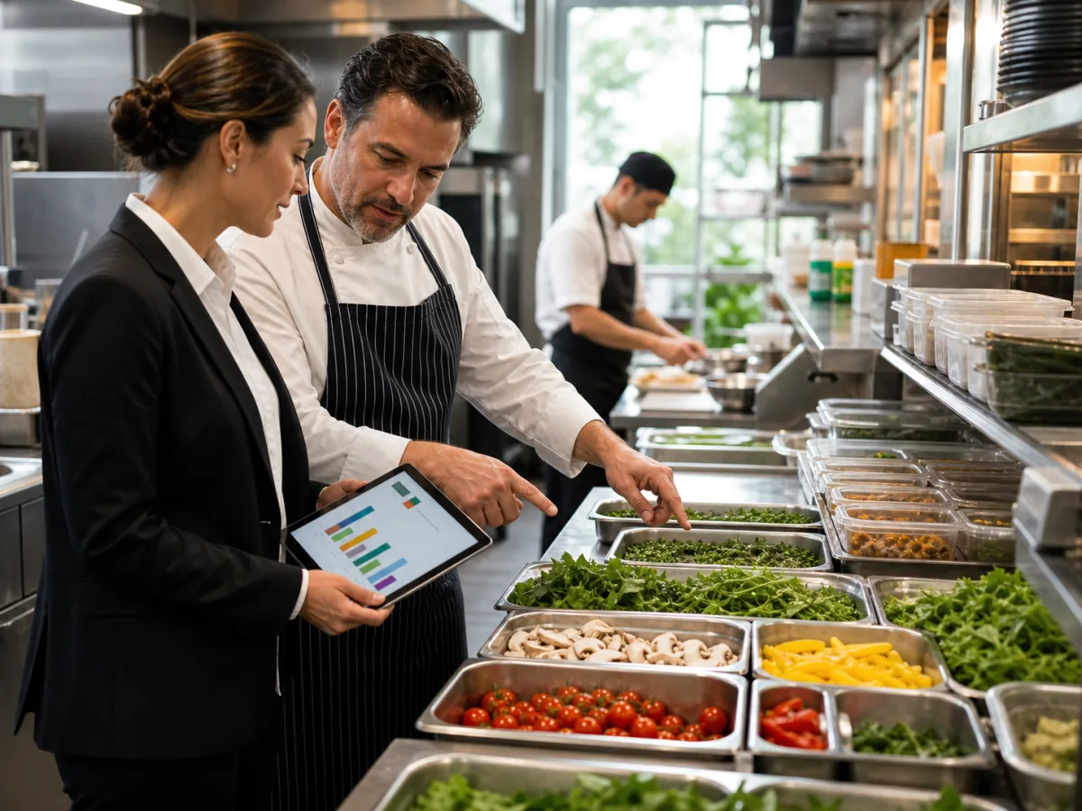 Responsable et chef ajustant le plan de production devant les bacs de mise en place d’une cuisine de restaurant