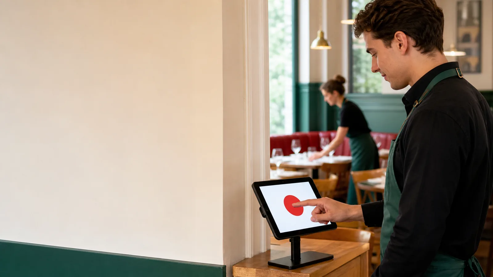 Équipier pointant son arrivée sur une tablette partagée avant le service