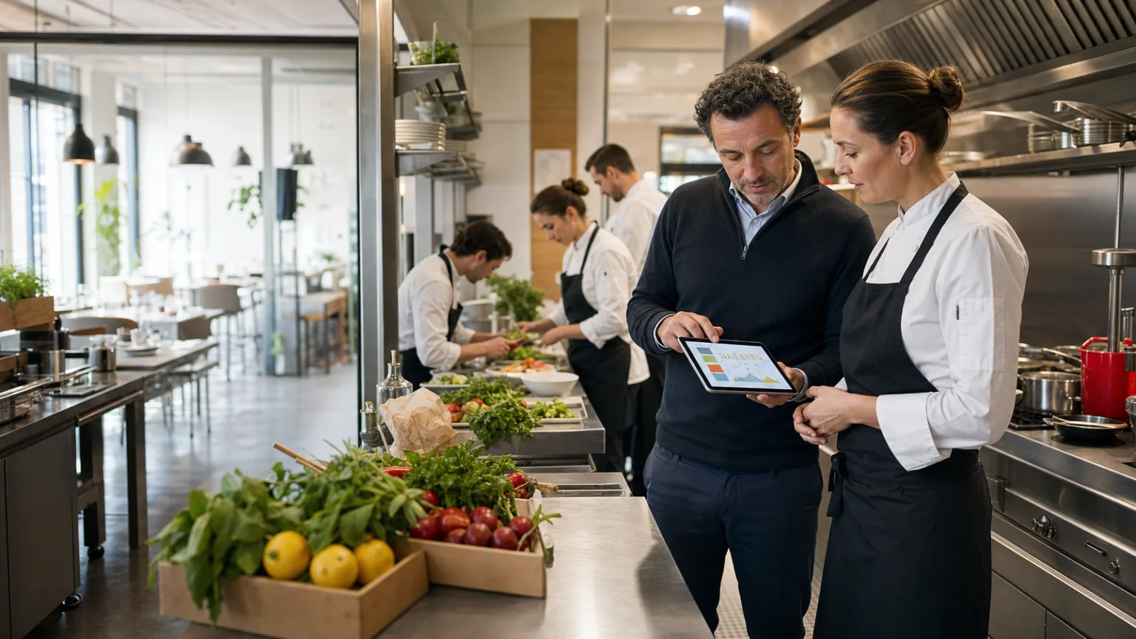 Responsable et cheffe analysant des prévisions sur une tablette pendant la mise en place de la cuisine avant le service