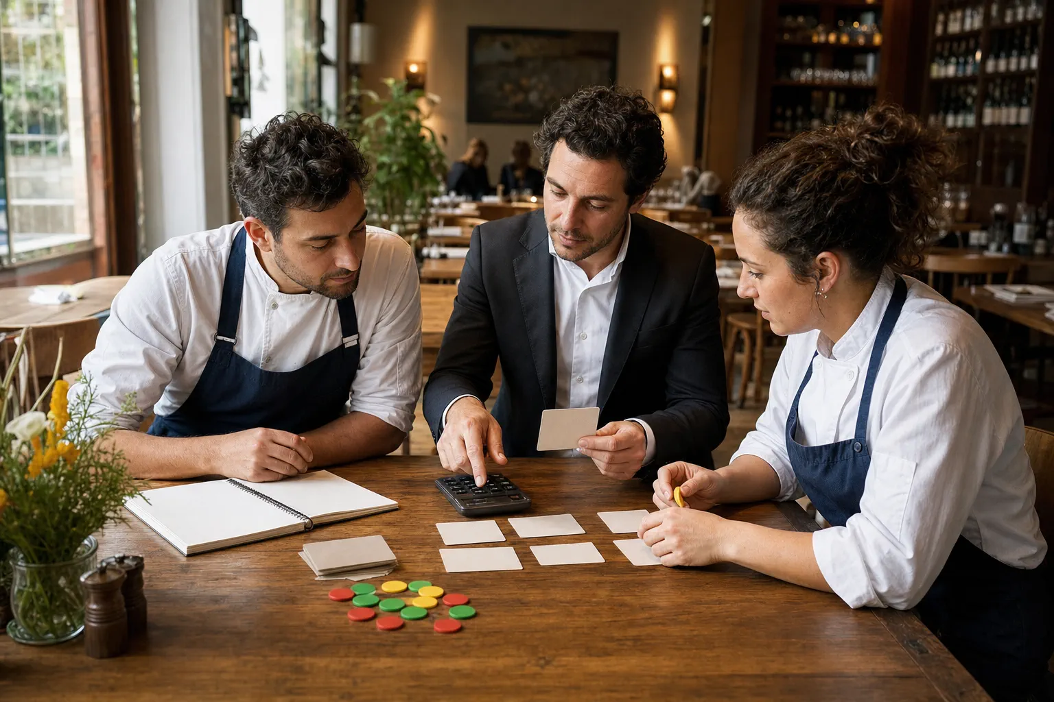 Équipe de restaurant préparant les règles et le coût d’un programme de fidélité