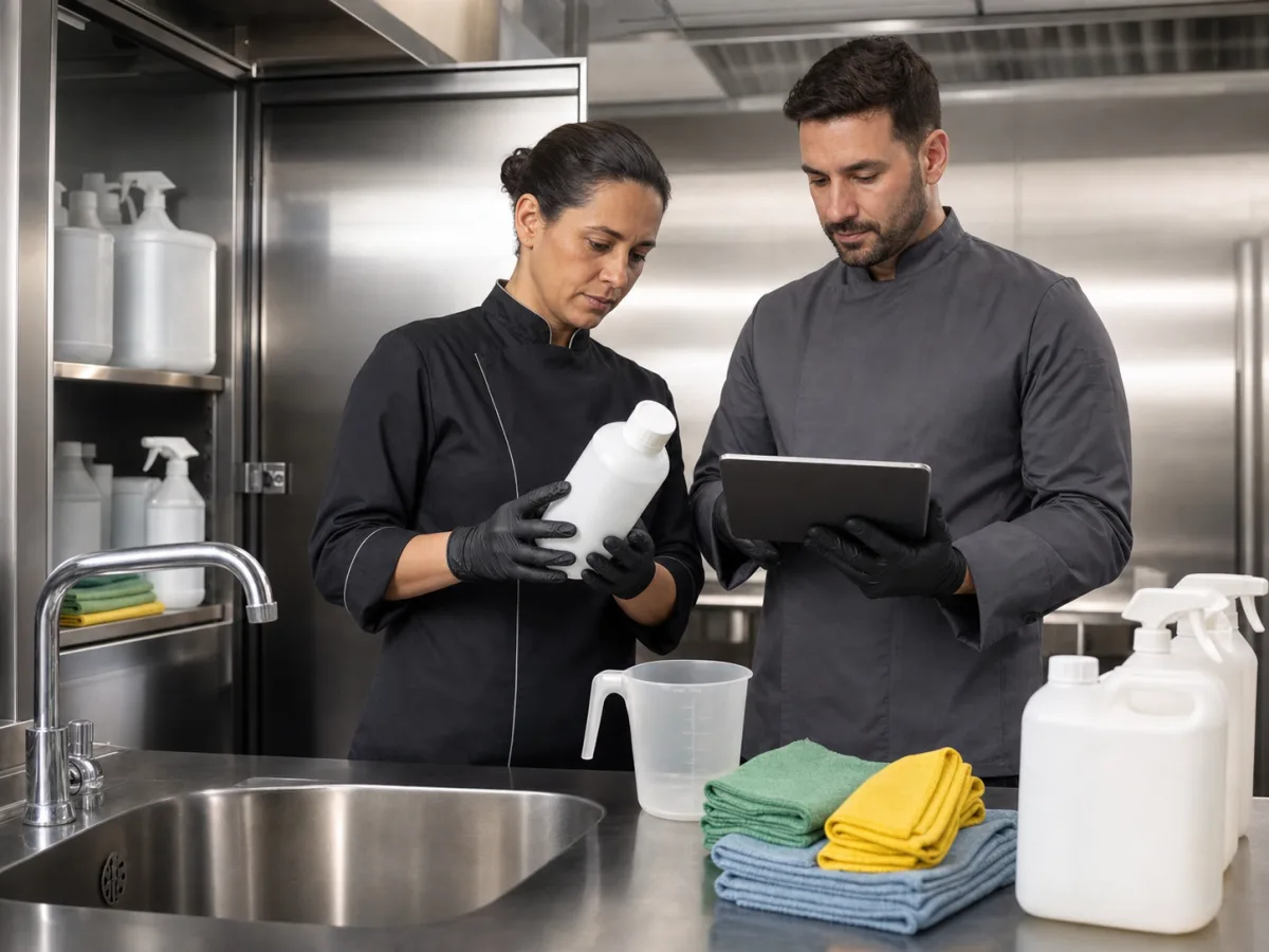 Deux professionnels vérifiant un produit et un protocole de nettoyage sur tablette dans une cuisine