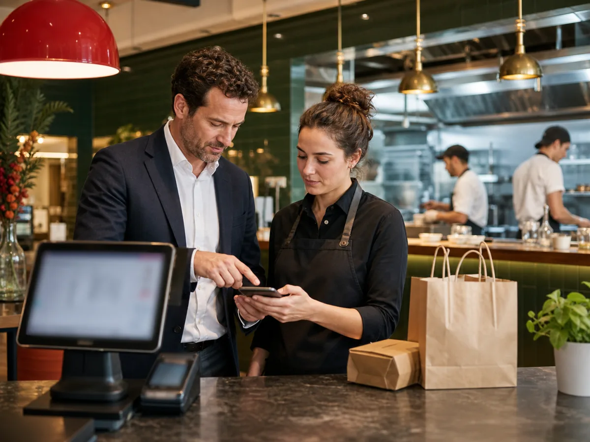 Responsable et employée de restaurant rapprochant une commande en ligne et son paiement sur des outils génériques