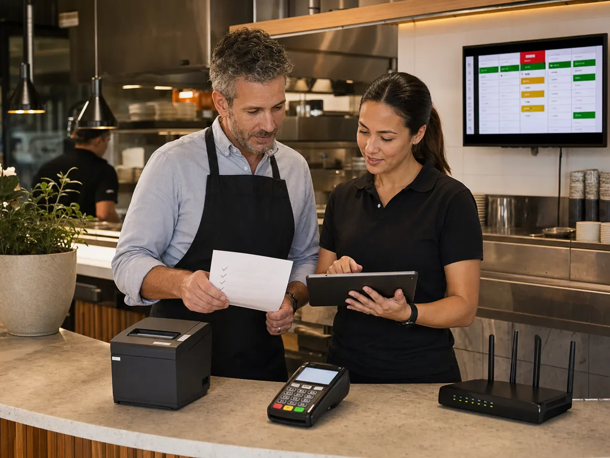 Responsable et spécialiste testant une tablette, une imprimante, un terminal de paiement et un routeur dans un restaurant