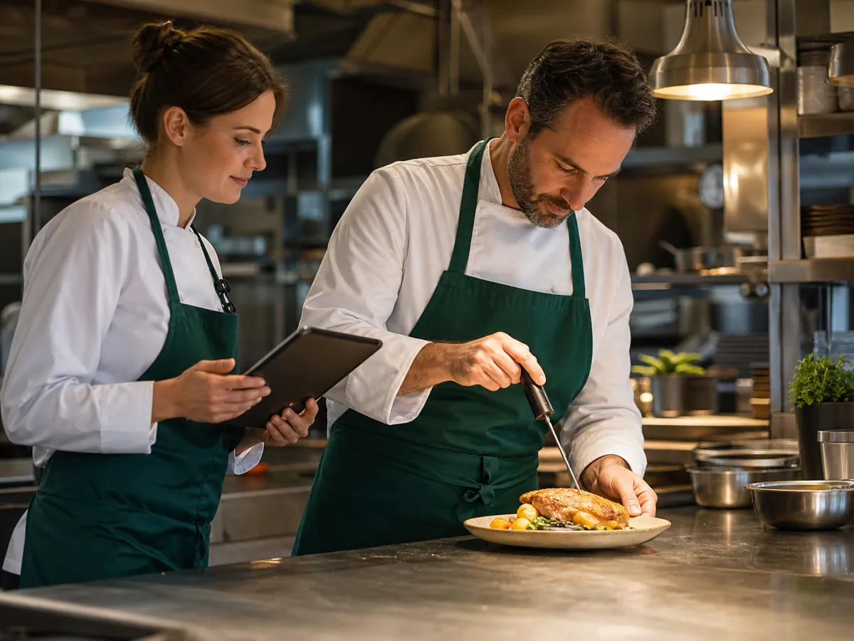 Chef mesurant la température à cœur d’un plat chaud avec une sonde pendant qu’une collègue suit le contrôle