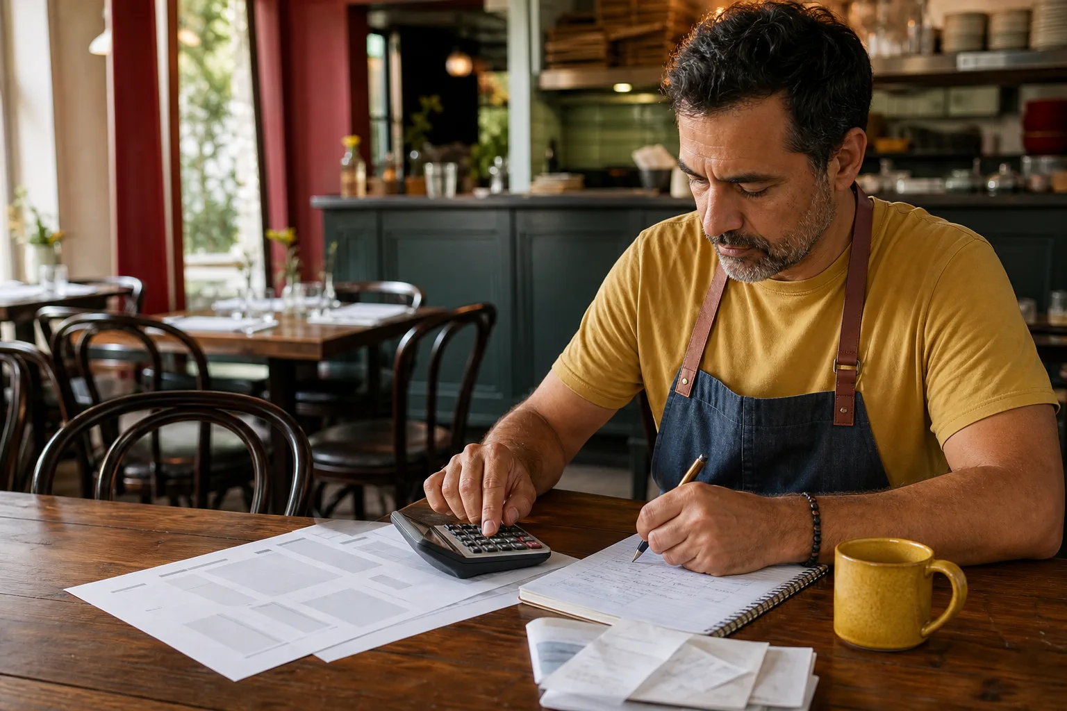 Restaurateur calculant le retour d’une campagne avec une fiche et une calculatrice