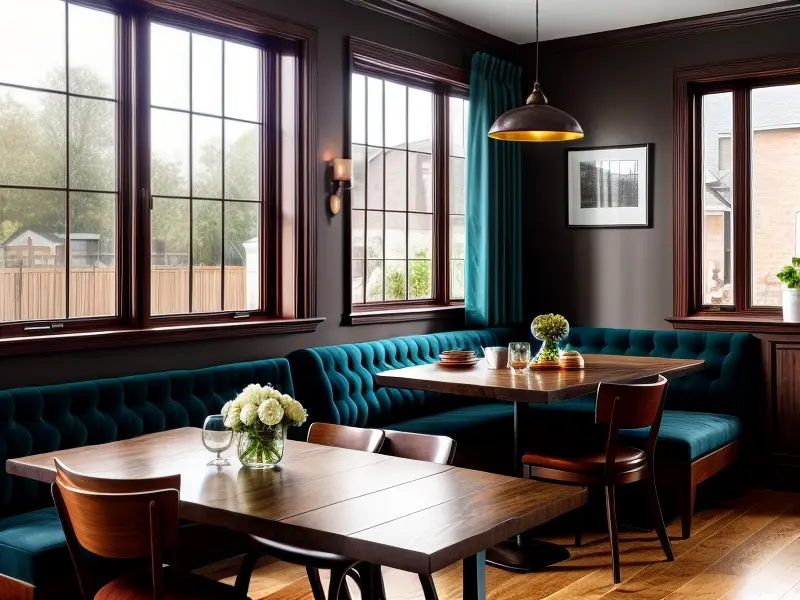 Salle de restaurant avec tables en bois et banquettes bleues