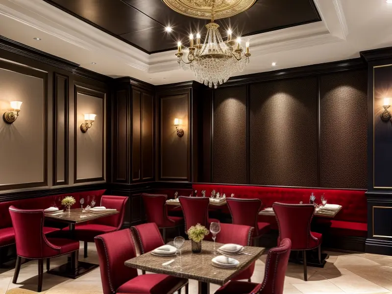 Salle de restaurant avec tables dressées et banquettes rouges