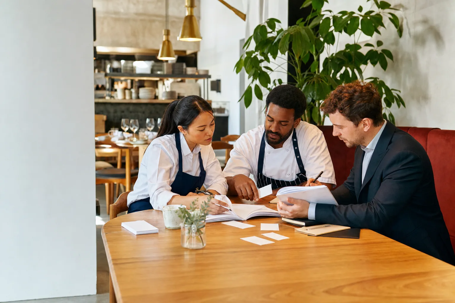 Équipe de restaurant travaillant sur des supports écrits autour d’une table