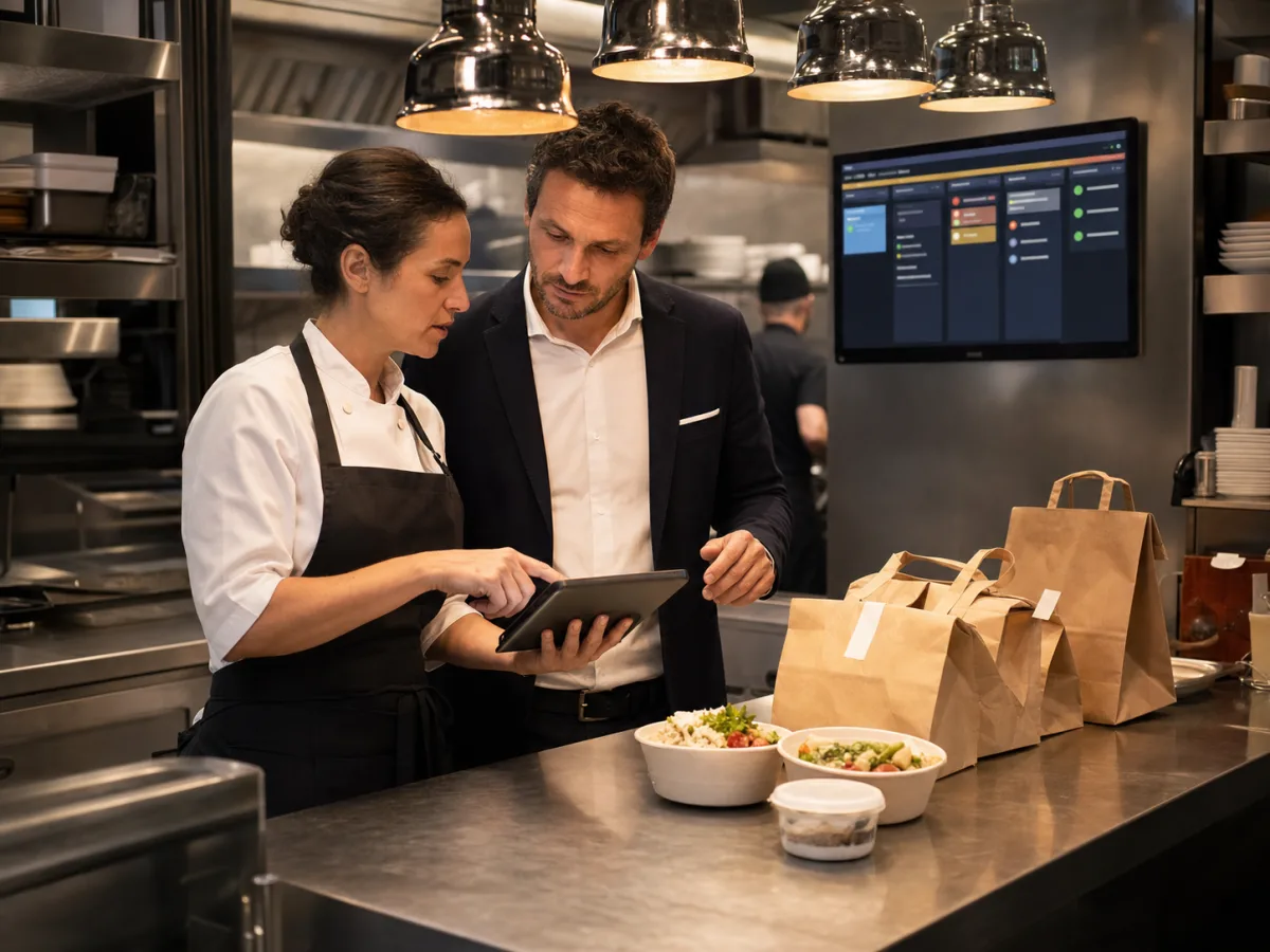 Responsable et cheffe de cuisine vérifiant une commande de livraison sur une tablette près de sacs préparés