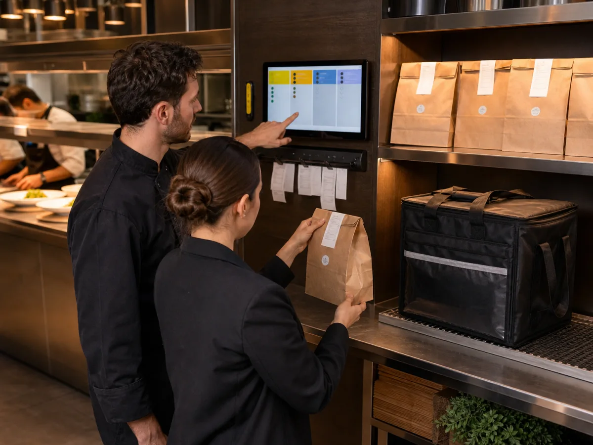 Équipe de restaurant contrôlant une commande préparée devant un écran de suivi et un sac de livraison