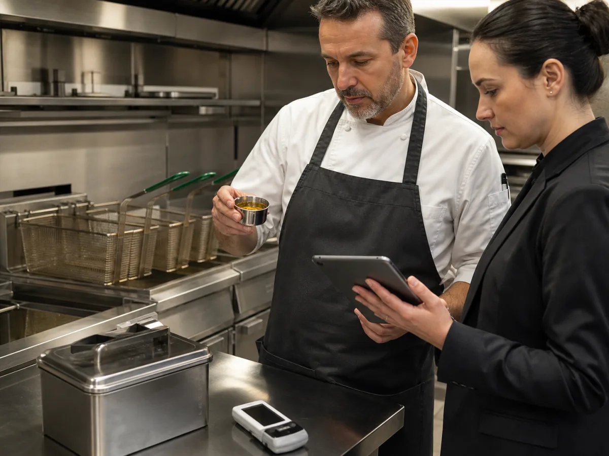 Chef examinant un échantillon d’huile de friture avec une responsable qui documente le contrôle sur tablette