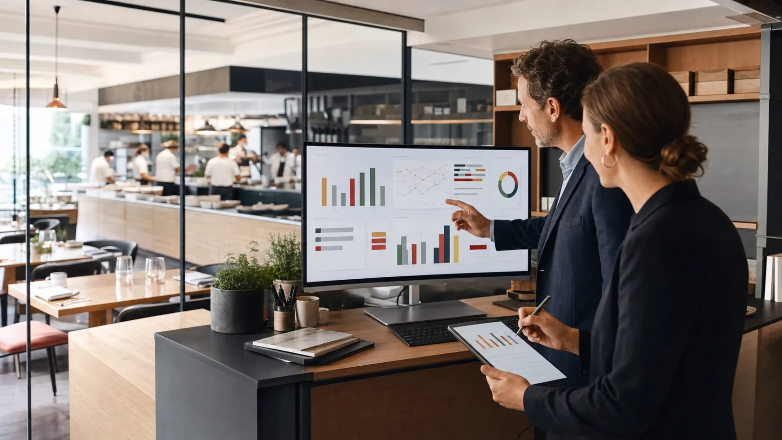 Deux responsables analysant un tableau de bord sur écran dans un restaurant avec vue sur la salle et la cuisine