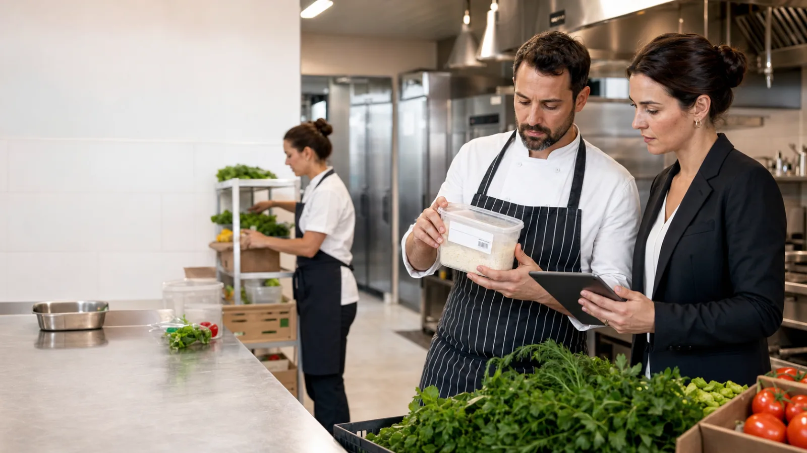 Chef vérifiant le lot d’un ingrédient avec une responsable qui suit la réception sur tablette dans une cuisine professionnelle