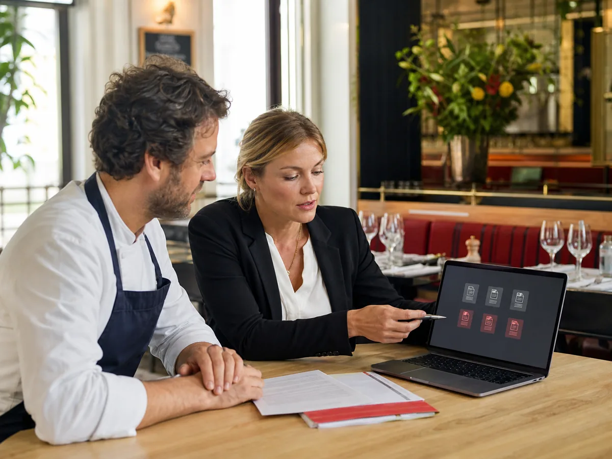 Restaurateur examinant des exports avec une professionnelle de la comptabilité