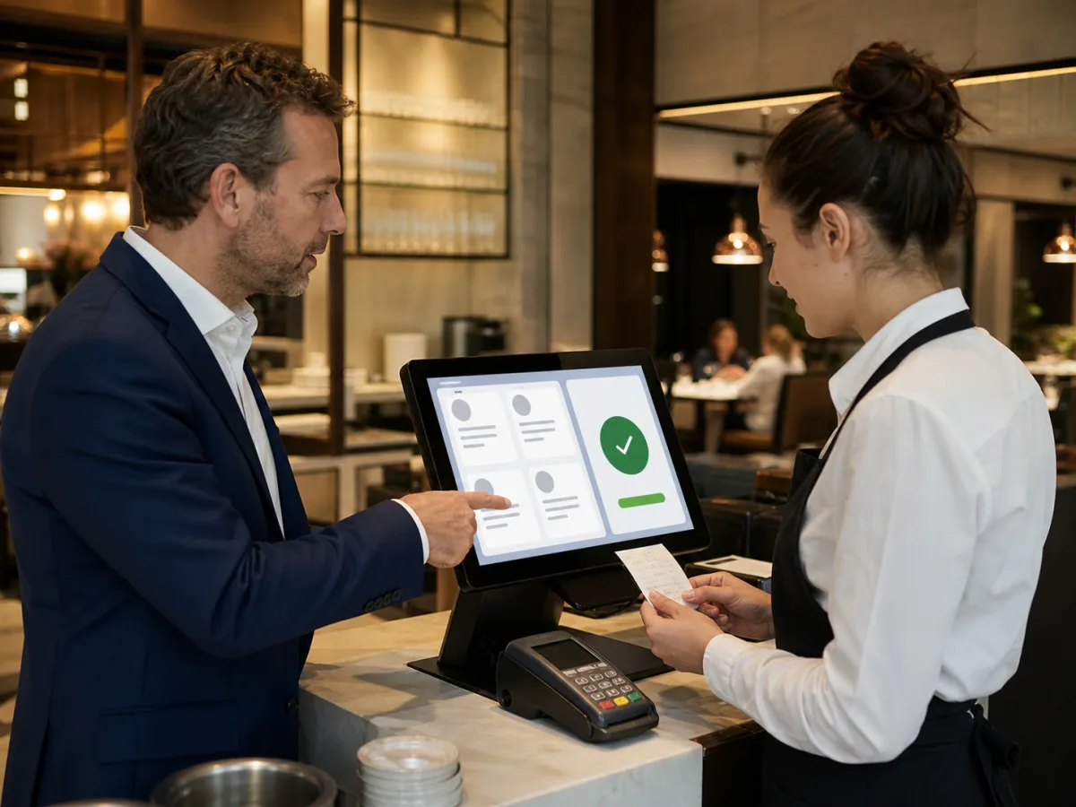 Responsable et employée de restaurant vérifiant séparément une commande et un statut de paiement en caisse